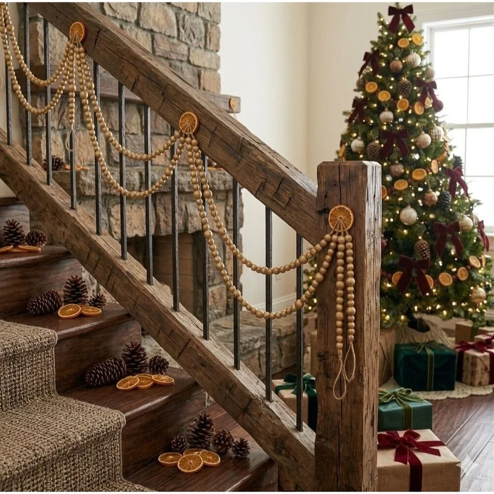 72 ft Antique Gold Wood Bead Garland 4pc Christmas Tree Farmhouse Rustic Decor